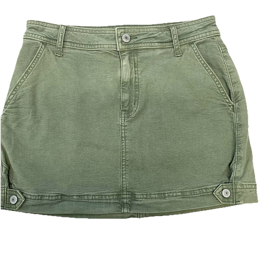 American Eagle Olive Green Denim Mini Skirt Pockets Sz 2 Stretch Casual Retro